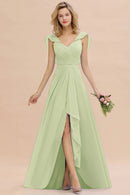 Red V - Neck Ruched A - Line Chiffon Bridesmaid Dress 2