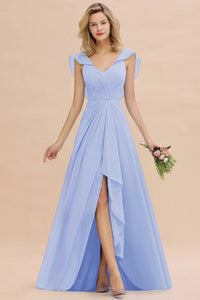 Red V - Neck Ruched A - Line Chiffon Bridesmaid Dress 2