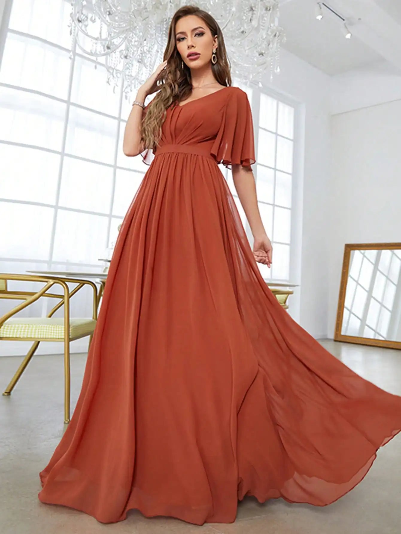 Burnt Orange V - neck Ruffled Short Sleeve Chiffon Bridesmaid Dress M