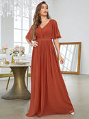 Burnt Orange V - neck Ruffled Short Sleeve Chiffon Bridesmaid Dress M