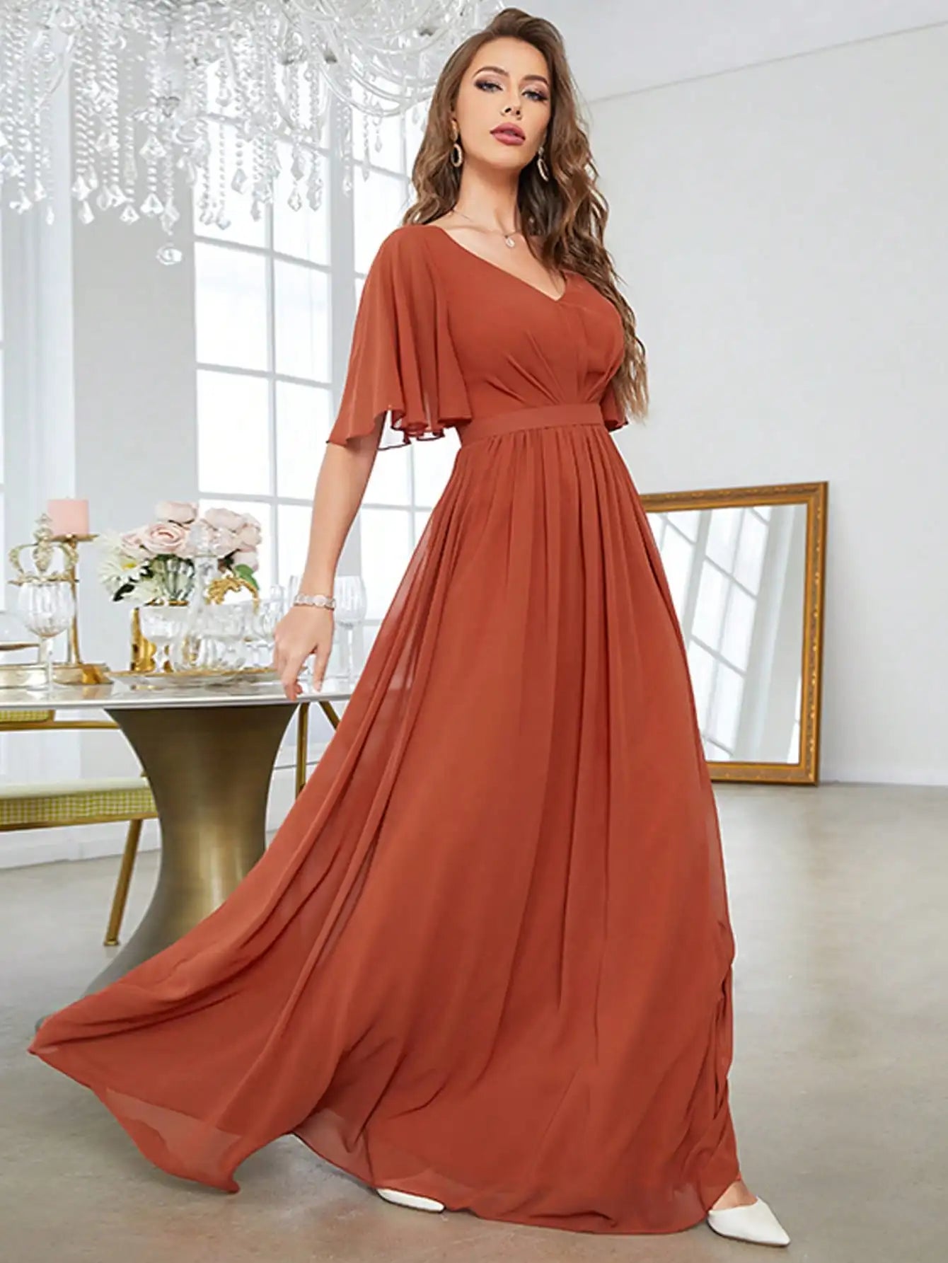 V-neck Ruffled Short Sleeve Chiffon Bridesmaid Dress