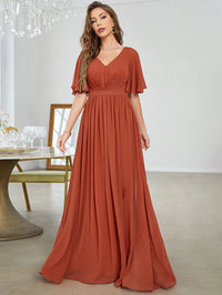 Burnt Orange V - neck Ruffled Short Sleeve Chiffon Bridesmaid Dress M