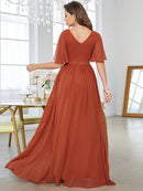 Burnt Orange V - neck Ruffled Short Sleeve Chiffon Bridesmaid Dress M