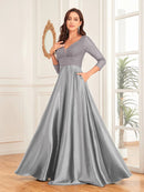 Gray V - Neck Satin Long Sleeve Floor Length Sequin Dress L