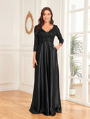 Black V - Neck Satin Long Sleeve Floor Length Sequin Dress L