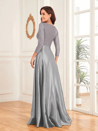 Gray V - Neck Satin Long Sleeve Floor Length Sequin Dress L