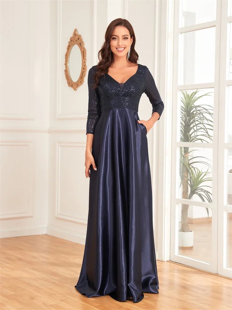 Navy Blue V - Neck Satin Long Sleeve Floor Length Sequin Dress L