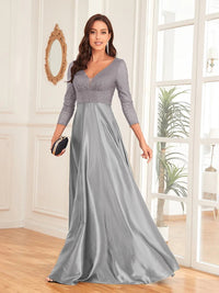 Gray V - Neck Satin Long Sleeve Floor Length Sequin Dress L