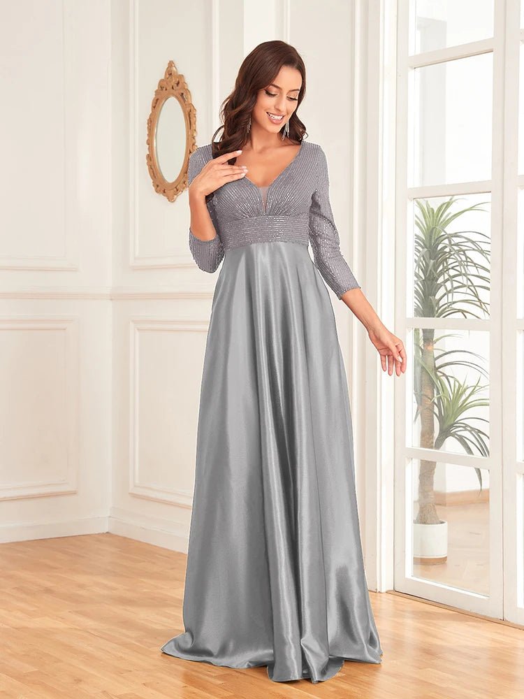 Gray V - Neck Satin Long Sleeve Floor Length Sequin Dress L