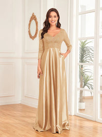 Champagne V - Neck Satin Long Sleeve Floor Length Sequin Dress L