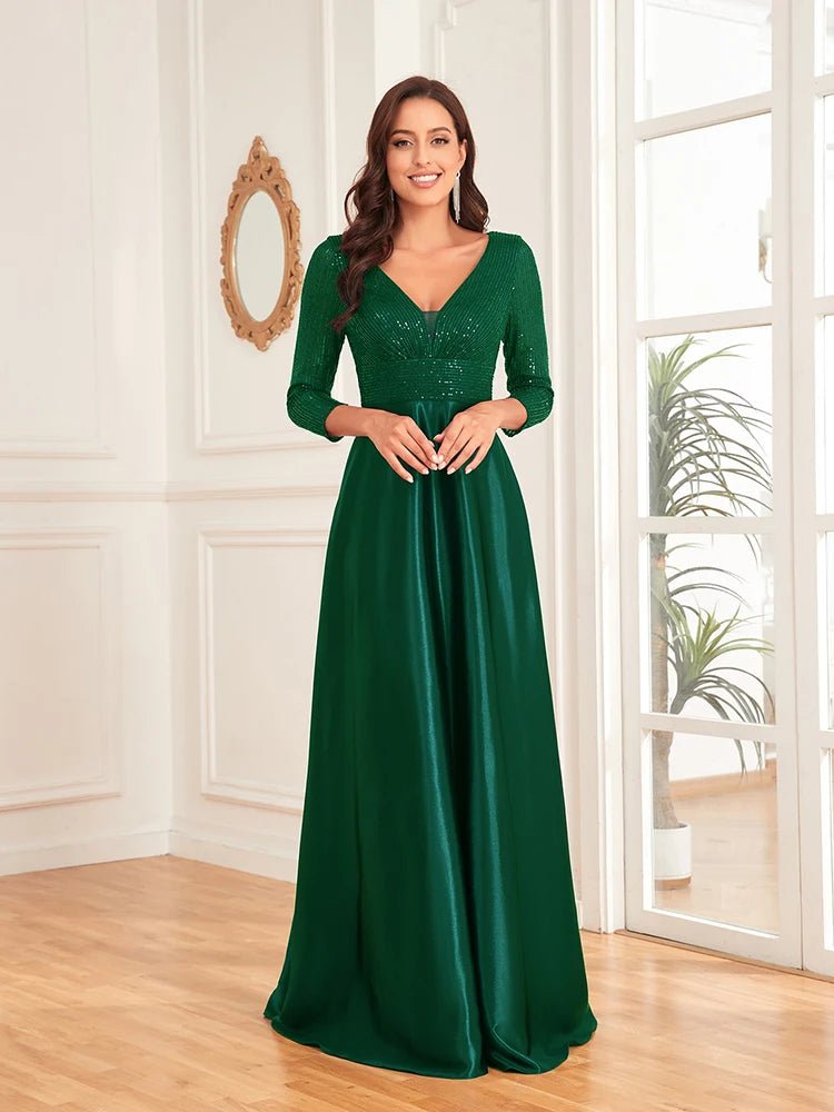 Emerald Green V - Neck Satin Long Sleeve Floor Length Sequin Dress L