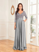 Gray V - Neck Satin Long Sleeve Floor Length Sequin Dress L