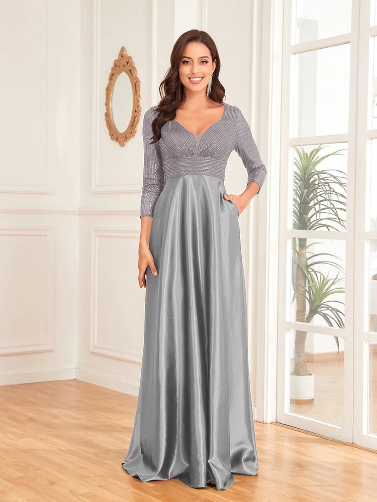 Gray V - Neck Satin Long Sleeve Floor Length Sequin Dress L