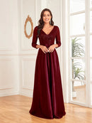 Burgundy V - Neck Satin Long Sleeve Floor Length Sequin Dress L