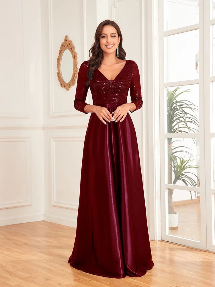 Burgundy V - Neck Satin Long Sleeve Floor Length Sequin Dress L