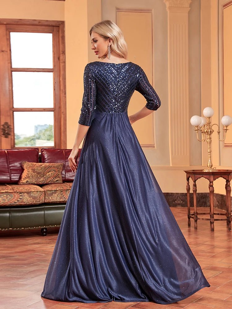 V-Neck Sequin Bodice Formal Dress with 3/4 Sleeves