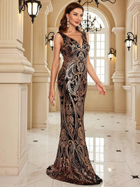 black V - Neck Sequin Evening Gown Sleeveless Formal Dress M