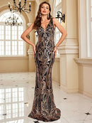 black V - Neck Sequin Evening Gown Sleeveless Formal Dress M