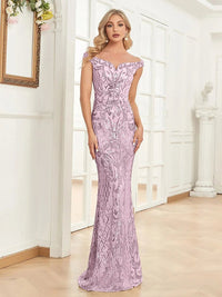 Pink V - Neck Sequin Evening Gown Sleeveless Formal Dress XS