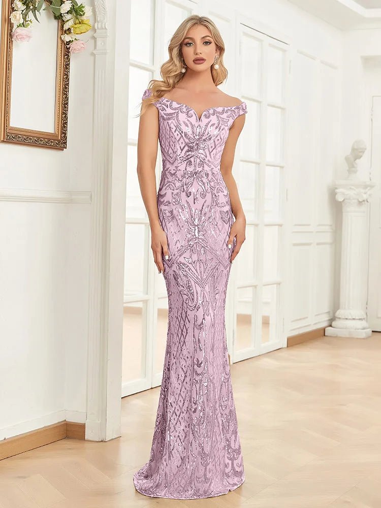 Pink V - Neck Sequin Evening Gown Sleeveless Formal Dress XS