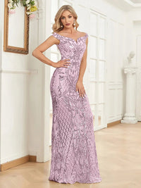 Pink V - Neck Sequin Evening Gown Sleeveless Formal Dress XS