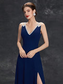 Navy Blue V - neck Sequin Ribbon Trim Chiffon Bridesmaid Dress S