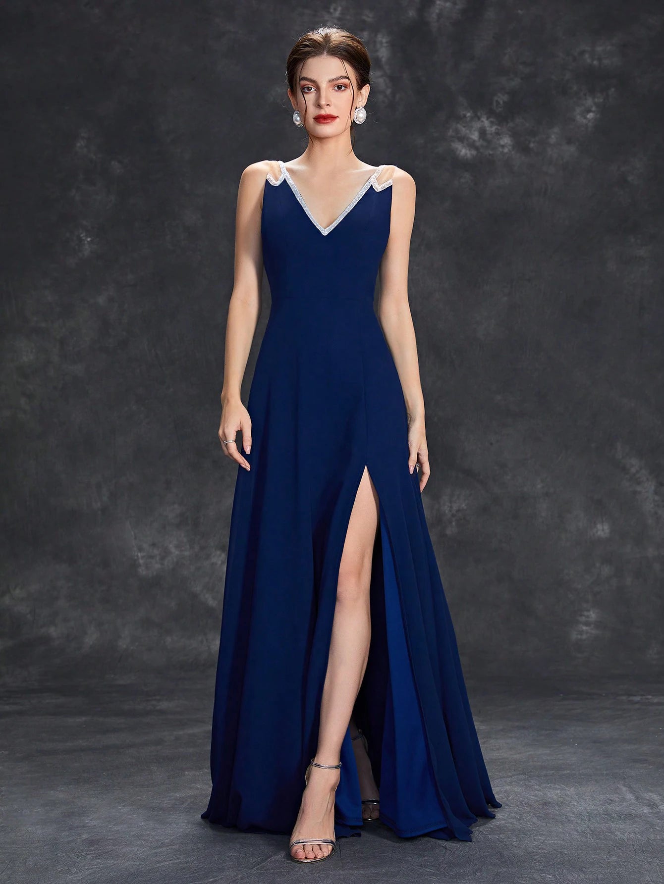 Navy Blue V - neck Sequin Ribbon Trim Chiffon Bridesmaid Dress S