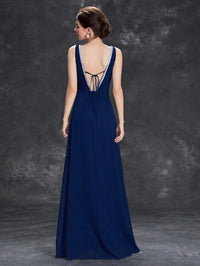 Navy Blue V - neck Sequin Ribbon Trim Chiffon Bridesmaid Dress S