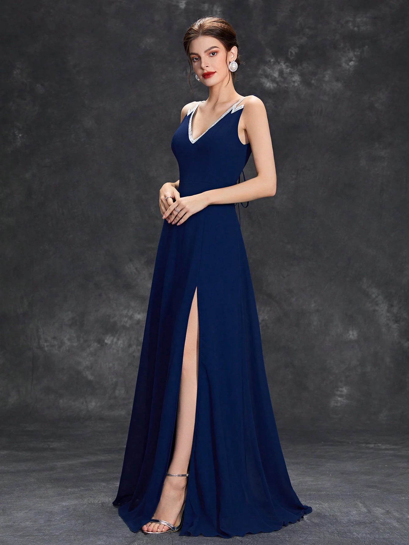 Navy Blue V - neck Sequin Ribbon Trim Chiffon Bridesmaid Dress S