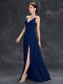 Navy Blue V - neck Sequin Ribbon Trim Chiffon Bridesmaid Dress S