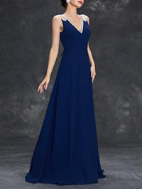 Navy Blue V - neck Sequin Ribbon Trim Chiffon Bridesmaid Dress S