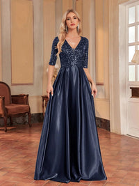 Elegant V-neck sequined A-line satin dress in deep navy, size M.