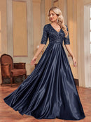 V-neck sequined bodice, A-line satin dress in deep navy, size M.