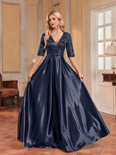 V-neck sequined A-line satin dress in navy blue, perfect for formal events.