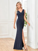 Navy Blue V - neck Shining Formal Sexy Slit Evening Dress S