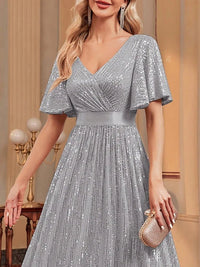 Gray V - Neck Shiny Sequin A - Line Evening Dress With Sleeves S