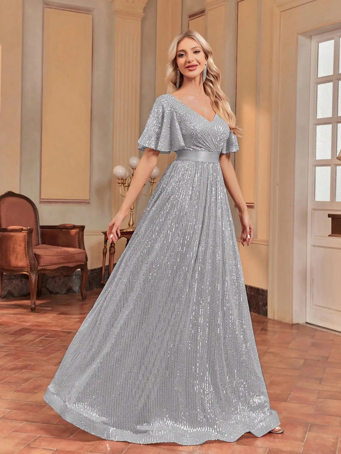 Gray V - Neck Shiny Sequin A - Line Evening Dress With Sleeves S