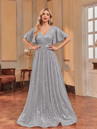 Gray V - Neck Shiny Sequin A - Line Evening Dress With Sleeves S