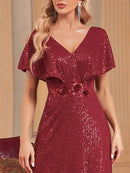 Burgundy V - neck Short Sleeve Burgundy Mermaid Sequin Dress S