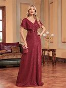 Burgundy V - neck Short Sleeve Burgundy Mermaid Sequin Dress S