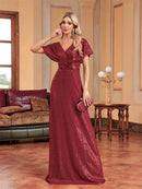 Burgundy V - neck Short Sleeve Burgundy Mermaid Sequin Dress S