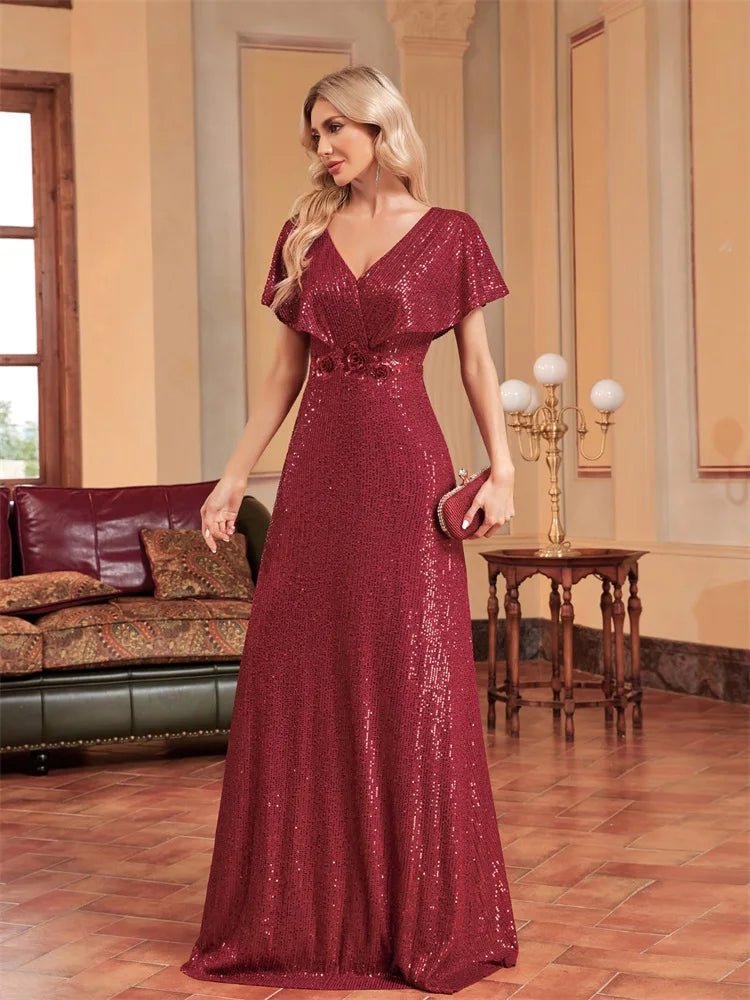 Burgundy V - neck Short Sleeve Burgundy Mermaid Sequin Dress S