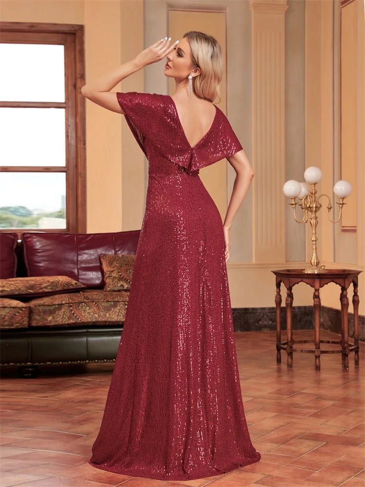 Burgundy V - neck Short Sleeve Burgundy Mermaid Sequin Dress S