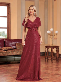 Burgundy V - neck Short Sleeve Burgundy Mermaid Sequin Dress S