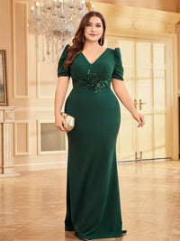 Dark Green V - Neck Short Sleeve Flower Applique Formal Dress S