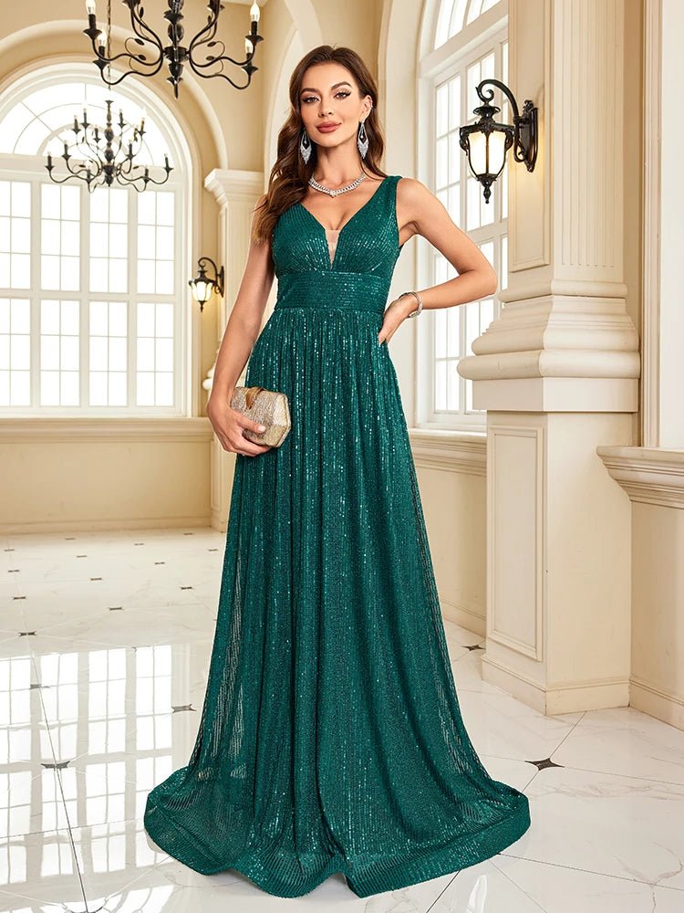 V-Neck Sleeveless  Emerald Green Sequin Dress