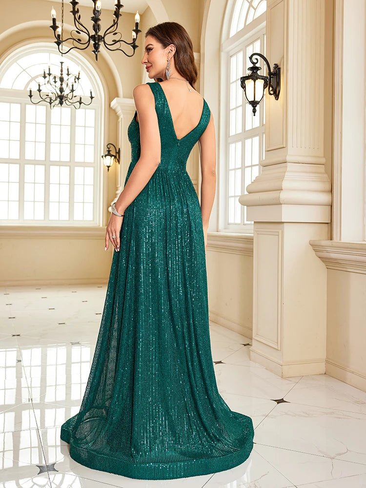 V-Neck Sleeveless  Emerald Green Sequin Dress