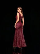 Burgundy V - neck Sleeveless Sequin Burgundy Bridesmaid Dress S