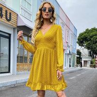 Yellow V - Neck Smocked Long Sleeve Knee Length Casual Dress S