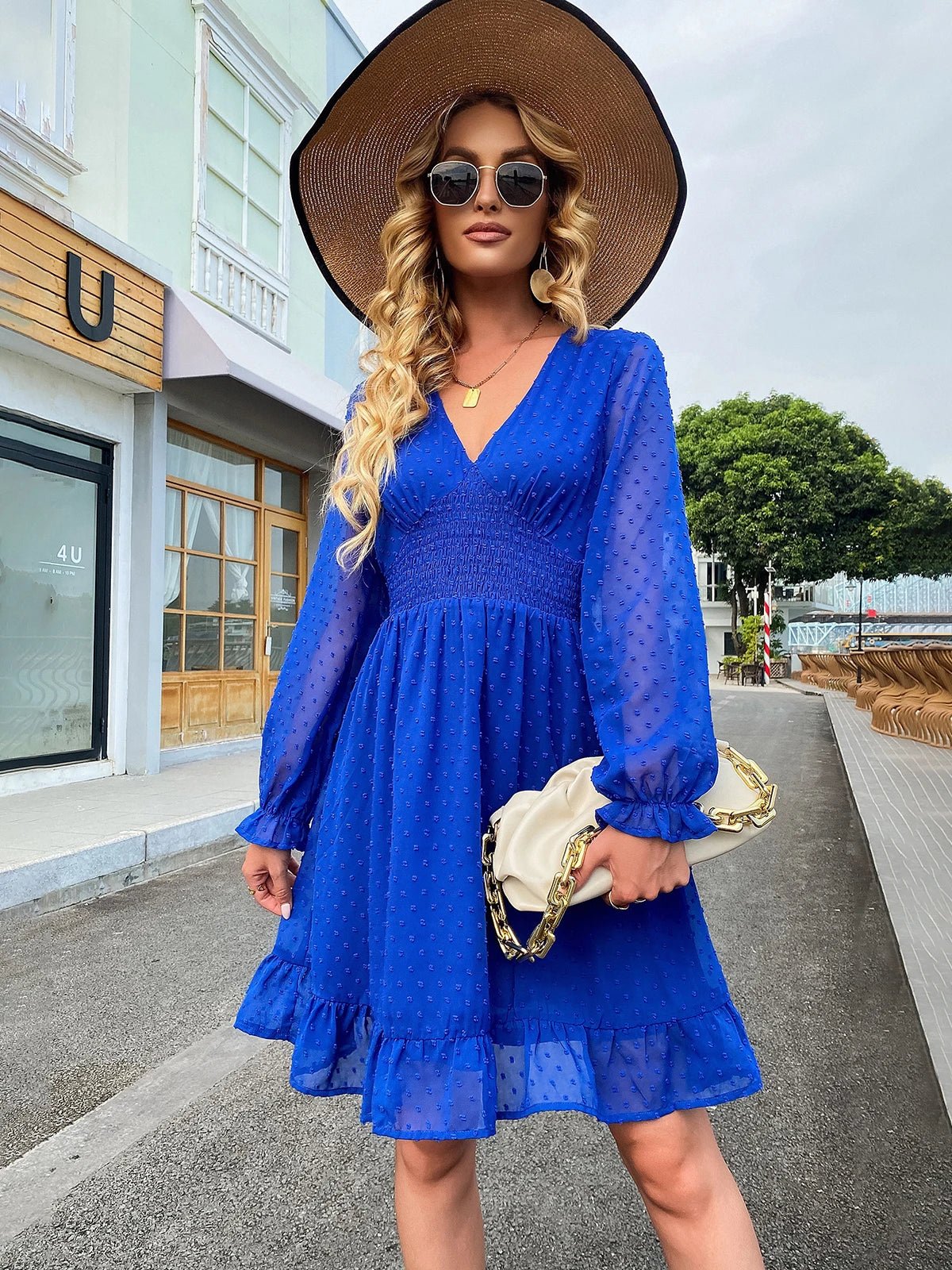 Royal Blue V - Neck Smocked Long Sleeve Knee Length Casual Dress S